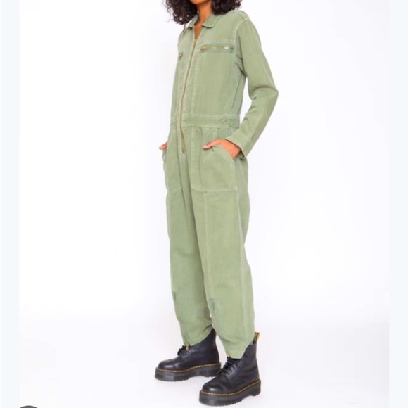 NWT Sandrine Rose x Free People Army Jumpsuit Linen Cotton Small Military Green - Picture 3 of 15